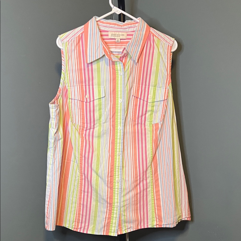 🌞3/$25 Jones New York Sleeveless Striped Button-Down in Pink, Coral & Lime
